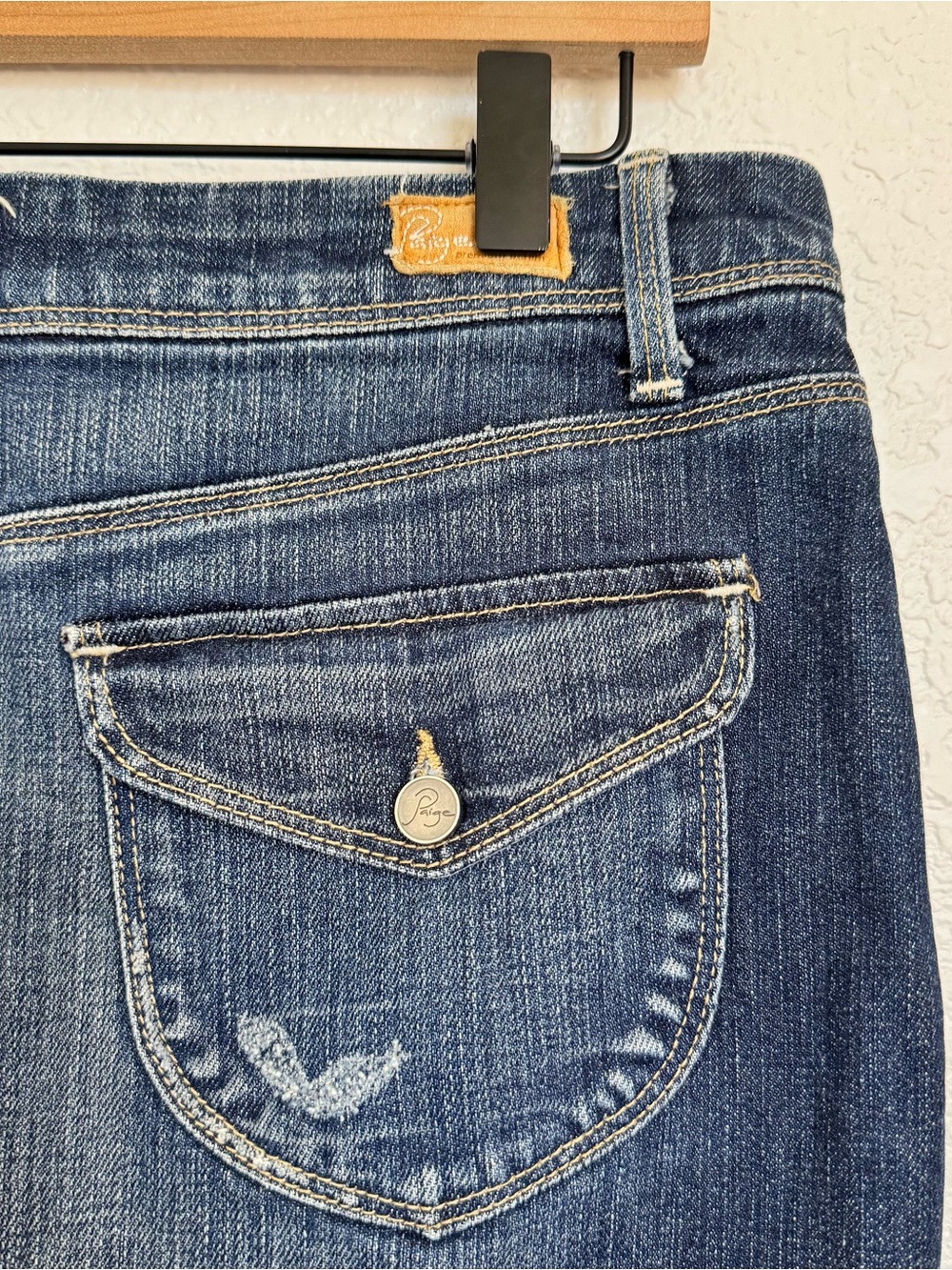 Paige Dark Wash Distressed High-Low Raw Hem Denim Midi Skirt size 27 - Picture 6 of 8
